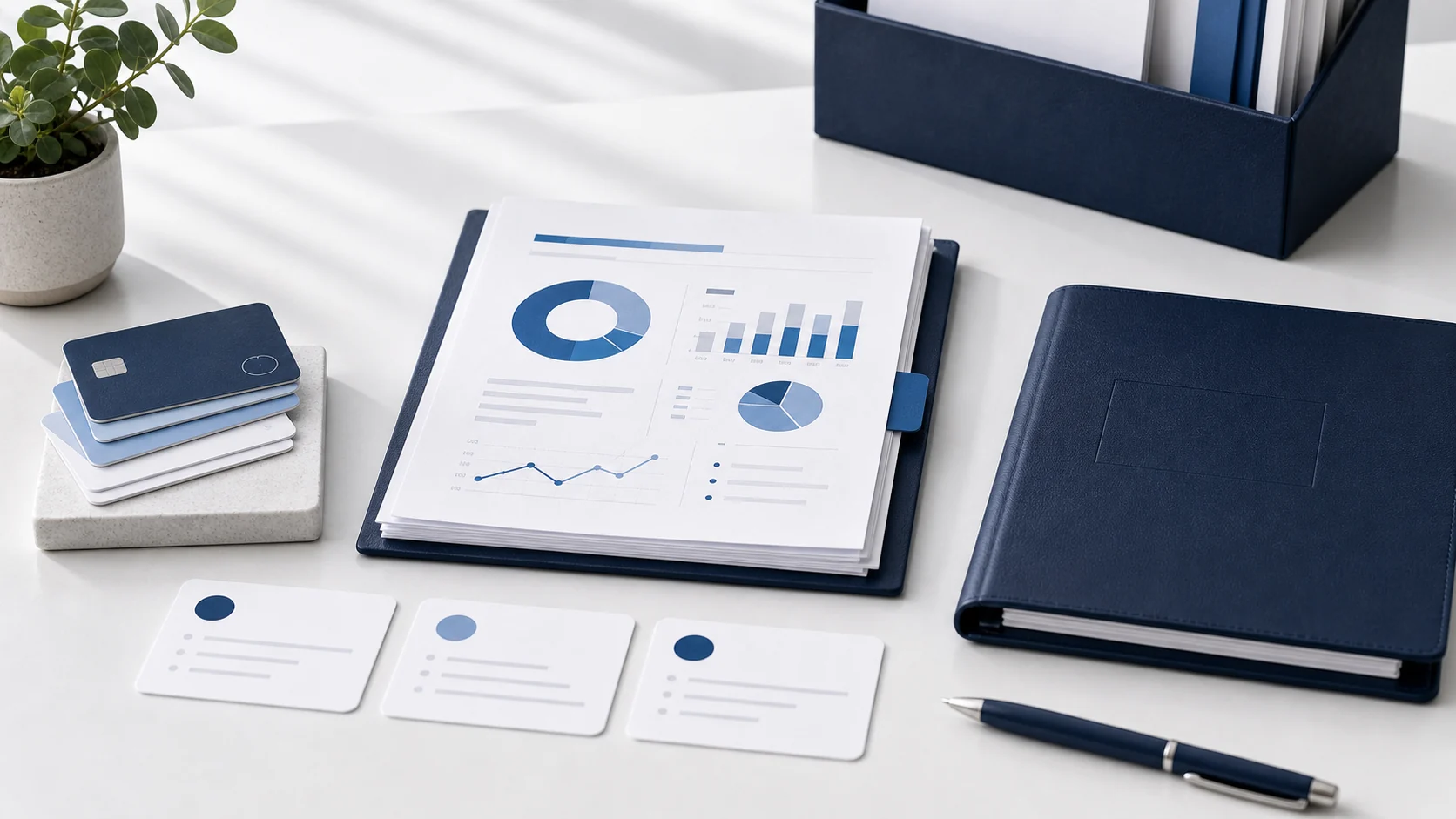 Monthly bookkeeping report packet, reconciled cards, and organized ledger folder on a white desk