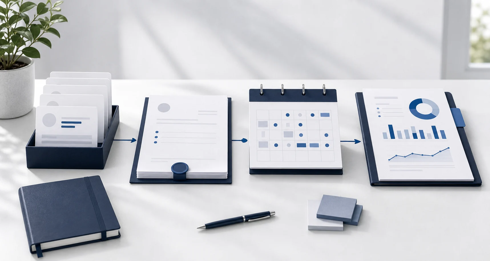 Payroll calendar, pay run checklist, and reporting packet arranged on a bright white desk