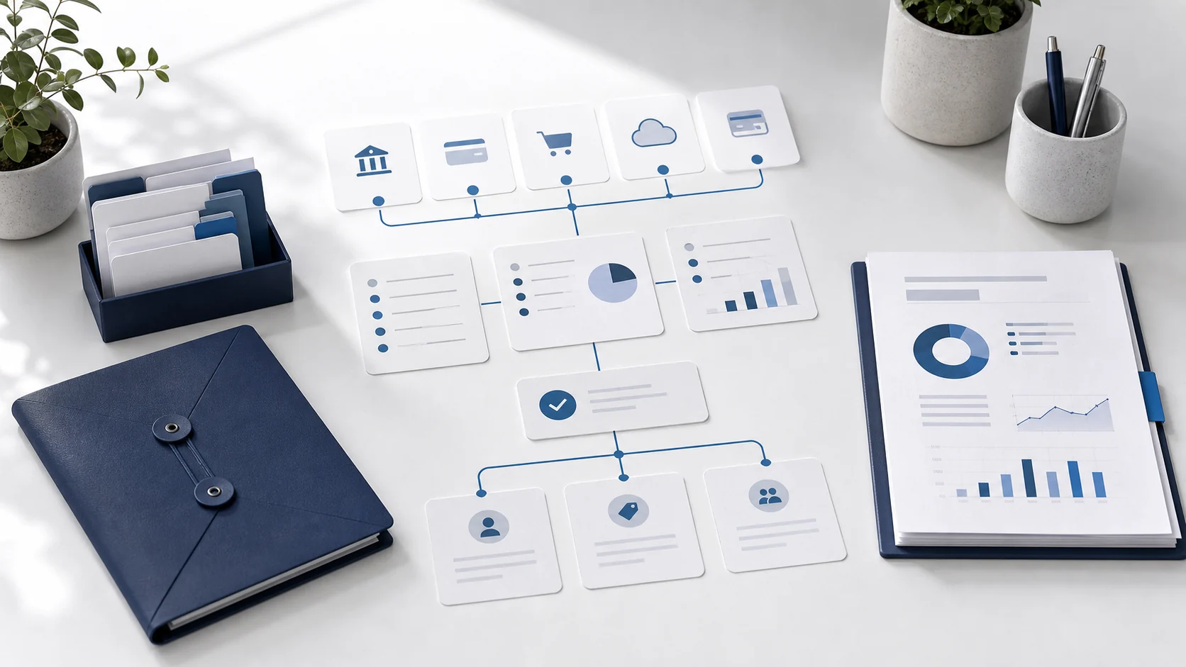 QuickBooks setup workflow with connected account cards, chart panels, and a report packet